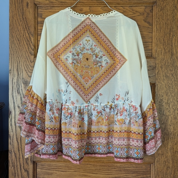 Taylor & Sage Polyester Sheer Ruffled Cardigan Blouse Floral Bohemian Pastel L - Picture 5 of 5